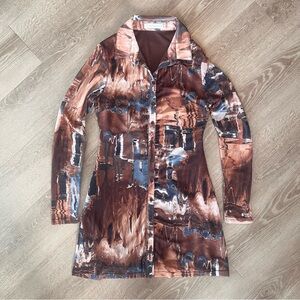 12th Tribe Brown Teal Abstract Print Boho Chic Hippie Mesh Mini Dress Women S